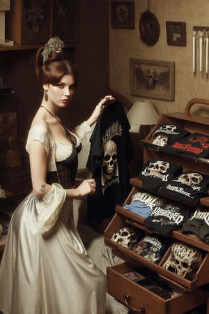 1800´s glamour model woman organizing her collection of death metal band shirts