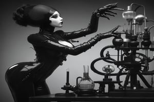 victorian era ladies dressed in rubber full bodysuit with strange metal contraptions and are interested in science