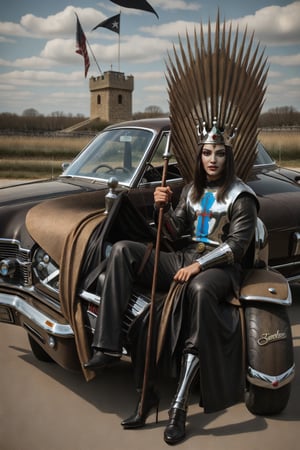 Medieval king riding a american musclecar that has wicked paintjob and lots of chrome