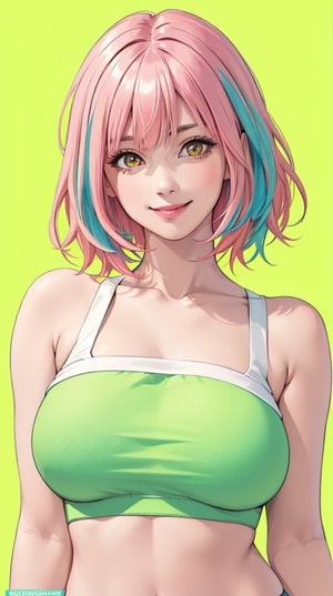 Girl wearing a crop top, smile, looking at viewer, large breasts, short hair,pink hair,streaked hair,multicolored hair,yellow eyes,photo, realistic, masterpiece, best quality, super detail, (soft green background),1girl