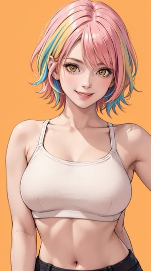 Girl wearing a crop top, smile, looking at viewer, large breasts, short hair,pink hair,streaked hair,multicolored hair,yellow eyes,photo, realistic, masterpiece, best quality, super detail, (soft orange background),1girl