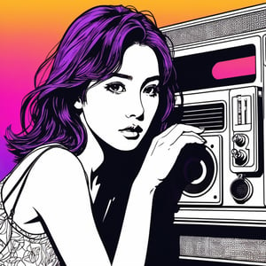 xxmix,Silhouette of frightened woman hiding in a 1990's radio station, neon light, in the style of coloring book comic, upper body, raw hand drawn style