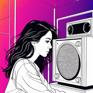 xxmix,Silhouette of frightened woman hiding in a 1990's radio station, neon light, in the style of coloring book comic, upper body, raw hand drawn style