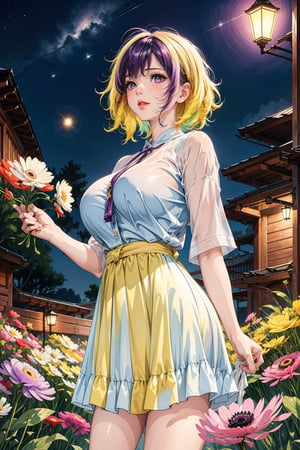 Watercolor painting, (Beautifully Aesthetic:1.2), (1girl:1.3), (colorful hair, Half purple and half yellow hair:1.2), water, liquid, natta, colorful, Orange and yellow anemone flowers bloom around, Anemone blooming on the head, beautiful night, Starry sky, It's raining, Sateen, Fantastic night out,watercolor,1girl,large breasts,