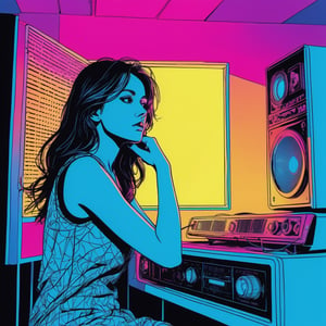 xxmix,Silhouette of frightened woman hiding in a 1990's radio station, neon light, in the style of coloring book comic, upper body, raw hand drawn style