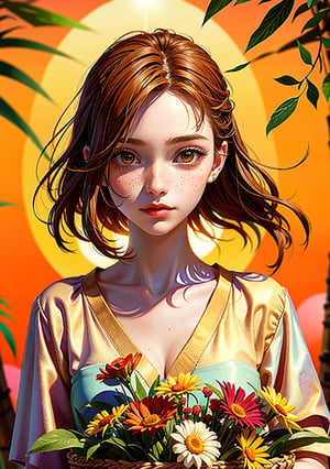 A girl in a sunlit forest, framed by an orange backdrop. Her fair skin glows, hazel eyes reflecting nature's hues, and chestnut hair dances like flames. She wears colors that harmonize, a wisp of hair swaying. Freckles adorn her cheeks like constellations. Her eyes, a focal point, convey unspoken emotions. With a basket of wildflowers in hand, she's connected to nature. Light and shadow play, adding depth to this captivating 8K masterpiece.