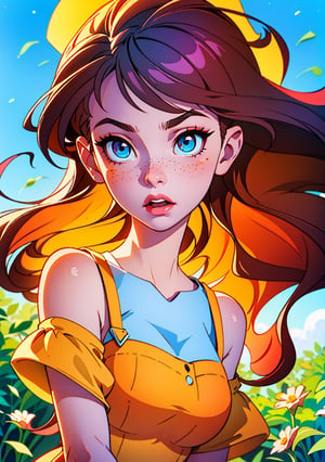 A girl in a sunlit forest, framed by an orange backdrop. Her fair skin glows, hazel eyes reflecting nature's hues, and chestnut hair dances like flames. She wears colors that harmonize, a wisp of hair swaying. Freckles adorn her cheeks like constellations. Her eyes, a focal point, convey unspoken emotions. With a basket of wildflowers in hand, she's connected to nature. Light and shadow play, adding depth to this captivating 8K masterpiece.