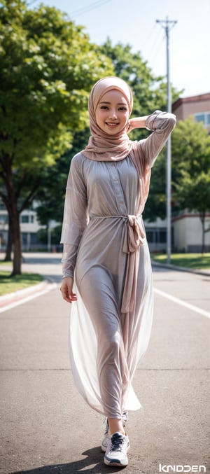 small breast, (nude bare naked), friendly posing, ((Perfect Face)), ((Sexy Face)), brunette, full body and head, Anders Zorn, full shot of a sexy beautiful girl, stylish hijab , baju kurung, shot from front, at school, full blur background, nice feet, horny smile, cum , wear sneaker,school teacher