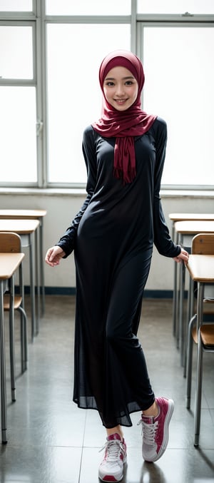 small breast, (nude bare naked), friendly posing, ((Perfect Face)), ((Sexy Face)), brunette, full body and head, Anders Zorn, full shot of a sexy beautiful girl, stylish hijab , baju kurung, shot from front, at school, full blur background, nice feet, horny smile, cum , wear sneaker,school teacher