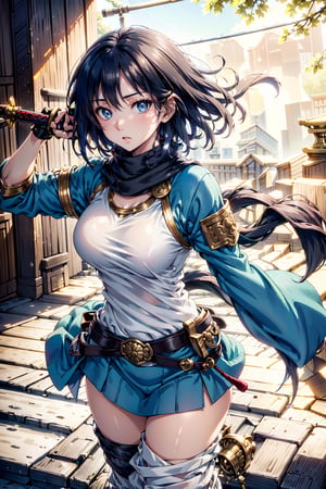 Girl running through the battlefield at high speed, asian human, Wearing a blue cloak, Long blue scarf, Black hair fluttering in the wind, There is not a single bloodstain on her white clothes, ((Holding a Japan sword in his left hand)), ((Wears a gauntlet on his right arm)), The hairstyle is long black hair divided in the center, She has the ability to use wind and thunder magic, ((She has a blue dragon emblem in her right eye.)), Her left eye is black, mismatched pupils, Surrealism, anime style, character chart, tachi-e, wide shot, UHD, masterpiece, ccurate, high details, high quality, best quality, highres, little open pussy