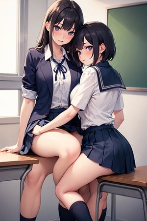 NSFW, Passive, Rejected, ((Masterpiece, Top Quality, Realistic Photo))), (Glossy Skin), (Ticker, 8K Wallpaper, High Resolution), Perfect Anatomy, Cinematic Lighting, Physics Based rendering, award-winning, highly detailed skin, highly detailed face, beautifully detailed eyes, Carl Zeiss 85mm f/1.4, ((Two Schoolgirls, Lesbians: 1.5)), sitting in a chair. A 16-year-old high school girl (black hair, brown), big chest, wet school blouse with ribbon, navy blue pleated skirt pulled up, panties, bra, navy high socks, (blushing nose, naughty breasts, half open), legs spread, Focus on thighs, inside the classroom, Blue Hour, (1 female student, female student hugging female student from behind) Yes: 1.5), Uniform, (student touching female student's pants): 1.5), [Full body shot], Bottom Photographed from