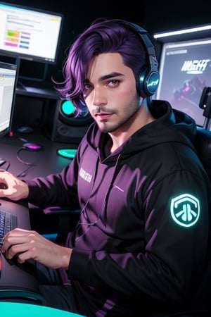 male purplehair chubby gamer stubble desk neon rgb overwatch