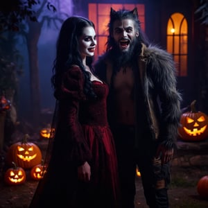 bphalloween,Halloween costume party photograph featuring a female vampire and male werewolf couple. The female vampire wears a velvet red corset dress, pale skin, fangs visible as she smiles, with long black hair flowing. The male werewolf is muscular, with realistic fur texture, sharp fangs, and claws, dressed in torn clothes. They stand in front of a haunted house, surrounded by carved pumpkins and floating candles. The environment is dimly lit with purple and orange Halloween lights, casting eerie shadows. Realistic lighting, spooky atmosphere, detailed costumes.
