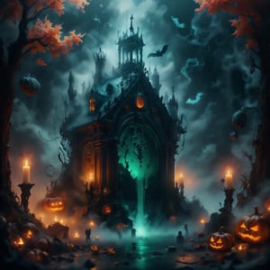 spookbyte,nebulous, A Victorian-style tombstone with angel carvings and haunted decor, surrounded by fallen orange and red leaves, creepy spider webs, candles casting a soft orange glow, pumpkins with carved faces nearby, thick fog, eerie Halloween setting, detailed, nostalgic and spooky, photorealistic.
