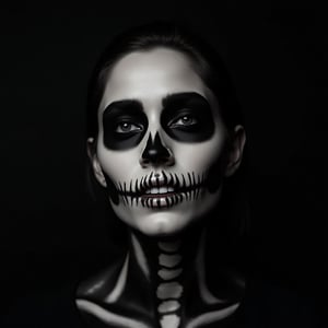 A high-resolution portrait of a women with "classic skull" Halloween makeup, white and black face paint to simulate a skull look, darkened eyes and hollow cheeks, precise black lines creating a skeletal structure, realistic teeth painted over the lips, matte makeup texture, dramatic shadows, eerie backlighting, high contrast between black and white areas,
