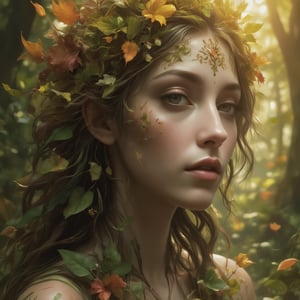 sylvanis, portrait of a beautiful women adorned with autum leaves, bright golden sunrays falling on her face giving her a majestic glow