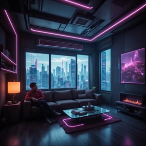 TechnoScape, a person sitting on sofa, futuristic living room