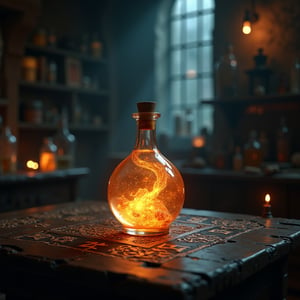  A glowing magical elixir bottle, placed on an ancient wooden table in a dimly lit alchemist's lab. The bottle is filled with swirling liquid, radiating a soft ethereal light. The environment is filled with mysterious ingredients, mystical symbols carved into the table, and glowing runes floating in the air. Photorealistic, highly detailed, with a mystical and ancient atmosphere.,