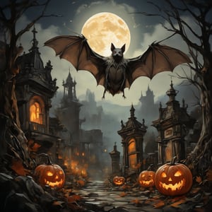 btp, A Halloween scene featuring a bat flying over a spooky graveyard. The bat’s wings are wide open, showing intricate textures of its skin. The moonlight casts eerie shadows on the old gravestones, and ghostly mist swirls around. Jack-o-lanterns with glowing faces and scattered fallen leaves give a strong Halloween vibe.
