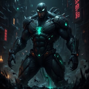 spookbyte, Venom from Marvel in a futuristic sci-fi style, enhanced cybernetic elements, glowing blue circuitry across his black symbiotic body, his eyes and spider symbol glowing with neon blue energy, biomechanical textures, sharp metallic claws, set against a dark, high-tech cityscape with neon lights, cyberpunk-inspired, intense expression, photorealistic detail, ultra HD, 8K resolution, gritty and dark tone.