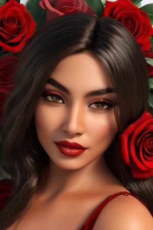 A radiant Latina beauty, her dark eyes expressing warmth, holds a lush red rose in her hand, Surrealist masterpiece, 32k Hyperrealism.,3d
