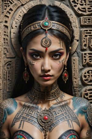 highly detailed close-up of an ancient colorful oriental beautiful women, perfect body, (ancient clothes), Perfect face, ((ancient text tattoos)), orientalism, ornate glyphs intricately carved, glowing with luminescence, juxtaposed against rough carved stone background, cracked,more detail XL