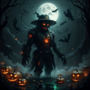 spookbyte, A spooky Halloween scarecrow standing in the middle of a dark, misty pumpkin field. The scarecrow has glowing red eyes, a tattered straw hat, and wears old, ragged clothing. The scene is illuminated by a full moon in the background, casting eerie shadows across the field. Dark crows circle above, adding to the haunting atmosphere. Photorealistic detail, high contrast lighting, and cinematic shadows.
