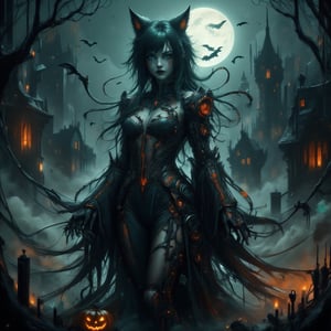 panthersplash,spookbyte, A young woman dressed in a spooky, gothic Halloween costume, with dark makeup, lace gloves, and a flowing black gown. She stands in a foggy, moonlit graveyard, her hair blowing in the wind, adding to the eerie atmosphere.