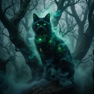 nebulous, A mystical black cat with glowing green eyes perched on the branch of an ancient oak tree in a foggy forest. The cat has a mysterious aura, with faint magical symbols glowing on its fur. The background features tall, shadowy trees and soft mist swirling around. Fantasy style, glowing accents, high-detail rendering, and enchanting atmosphere.
