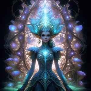 ElfFractalArt, 1girl, solo, ((long shot, full body)), (Tangled, datura, fractal, lattice), (surreal fractal art:1.3), (mechanical bioluminescent elf princess:1.5), (Very detailed, 8k, beautiful epic dramatic scene)
