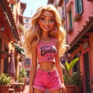 a beautiful blonde barbie girl, wearing pink shorts and top, the print on the top prominently says "I am a Barbie girl", the environment is lively 