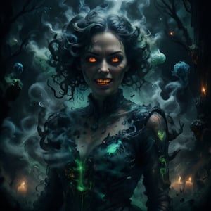 spookbyte,nebulous, A woman with long, dark hair, standing in a foggy forest at night. Her smile is wide and unnerving, showing too many sharp teeth. Her face is slightly tilted, and her eyes have a glowing, otherworldly quality. The scene is eerie, with faint whispers of wind and ominous shadows moving in the background.
