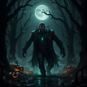 spookbyte, A vampire emerging from the shadows of a misty, moonlit forest. His sharp fangs and glowing eyes are the only features clearly visible in the dim light. The dense trees around him are covered in thick, creeping vines, and the ground is covered in fallen leaves. A feeling of dread hangs in the air as he steps forward, hunting for his next victim.
