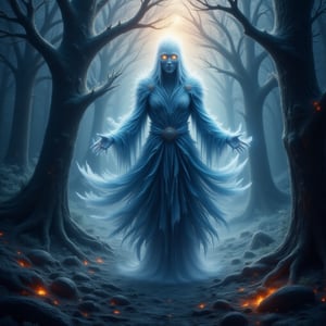 emberglace, A phantom-like figure floating in an ancient, mist-covered forest at dawn, semi-transparent and blending with the mist, wearing flowing robes made of shadows, no discernible face but soft, glowing eyes. 