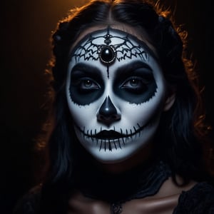 bphalloween, A high-resolution portrait of a women with "classic skull" Halloween makeup, white and black face paint to simulate a skull look, darkened eyes and hollow cheeks, precise black lines creating a skeletal structure, realistic teeth painted over the lips, matte makeup texture, dramatic shadows, eerie backlighting, high contrast between black and white areas,
