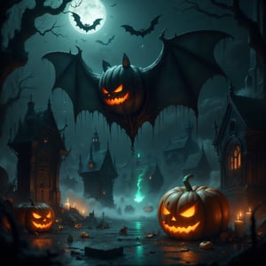 spookbyte, A Halloween scene featuring a bat flying over a spooky graveyard. The bat’s wings are wide open, showing intricate textures of its skin. The moonlight casts eerie shadows on the old gravestones, and ghostly mist swirls around. Jack-o-lanterns with glowing faces and scattered fallen leaves give a strong Halloween vibe.,