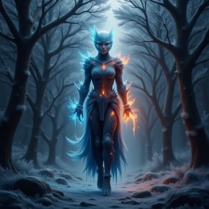 emberglace, full body shot of A beautiful women wearing cybernatic armour, mist-covered forest at dawn, mist,