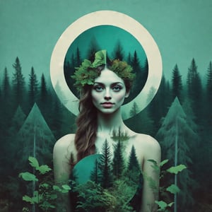 bpgeom, portrait of a beautiful women, circular shapes behind her, forest growing around her