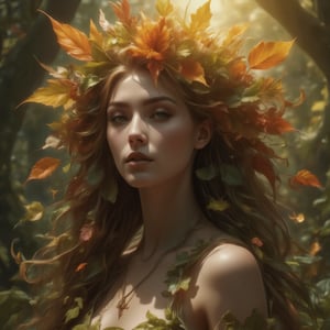 sylvanis, portrait of a beautiful women adorned with autum leaves, bright golden sunrays falling on her face giving her a majestic glow