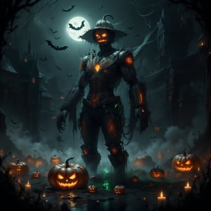 spookbyte, A spooky Halloween scarecrow standing in the middle of a dark, misty pumpkin field. The scarecrow has glowing red eyes, a tattered straw hat, and wears old, ragged clothing. The scene is illuminated by a full moon in the background, casting eerie shadows across the field. Dark crows circle above, adding to the haunting atmosphere. Photorealistic detail, high contrast lighting, and cinematic shadows.
