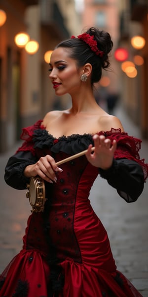 (best quality, masterpiece, ultra detailed, highres, RAW image),
a beautiful young diva acting as Carmen, dancing flamenco with tambourine in the in Seville street, Spanish dance, Perfect facial features, perfect eyes, eye contact, kind smile, lipgloss, expressive red and black dress, perfect proportions, prestigeous, dignified, romantic, fantasy, romanticism,flat colors,