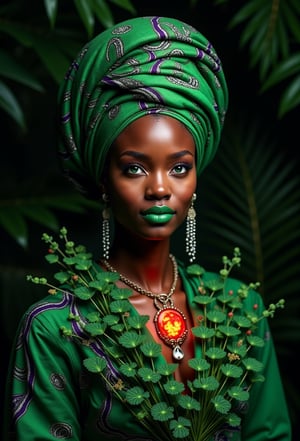 A mesmerizing portrait emerges on a dark canvas, where verdant blooms burst forth like emeralds against the void. A regal dark-skinned woman stands tall, her piercing green eyes ablaze amidst a tapestry of greens. Vibrant green lips curve into an enigmatic smile, as an ornate green headscarf unfurls, its bold purple patterns weaving a mystical spell. Red accents ignite, casting a fiery glow upon the lush foliage and the subject's statuesque form, as if conjuring forth the secrets of this mystical realm, where verdant life bursts forth from the darkness.