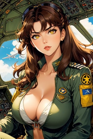 Anime Network, Female Pilot, bored expression, inside WW2 airplane cockpit, art by Masamune Shirow, art by J.C. Leyendecker . anime style, key visual, vibrant, studio anime, long curvy brown hair, cleavage, yellow eyes