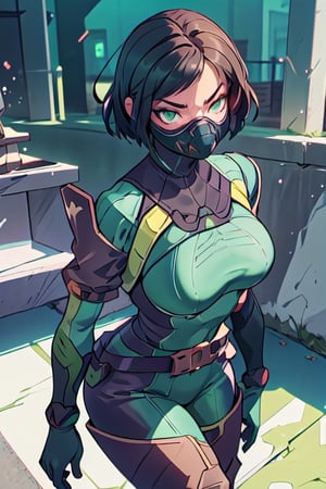 masterpiece, best quality, valorantViper, green eyes, bodysuit, gloves, belt, thigh boots, respirator, looking at viewer, serious, side view, concrete floor, ((sexy)), ((big breasts)), curvy