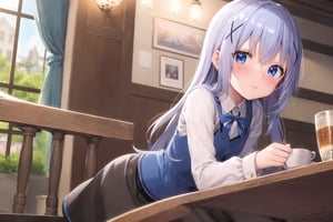 (masterpiece, best quality, ultra detail, detailed eyes, nice hands, perfect hands, looking forward, cowboy shot), anime, blush, 1girl, solo, 
chino, rabbit house uniform, blue vest, black skirt, long sleeve, waitress, cafe,
