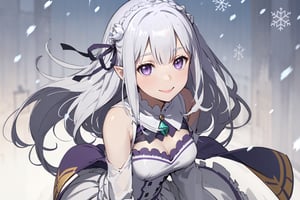 (masterpiece, best quality, ultra detail, beautiful face, nice hands, perfect hands,  1girl, solo, smile, cowboy shot), (((face))),
((snowing forest)), 
emilia, re:zero, silver hair, crown braid, purple eyes, cleavage, pointy ears,white dress, pleated white skirt, white thigh boots, white flower hair ornament, hair ribbon, long sleeves,emilia_\(re:zero\), (skirt up), panties,