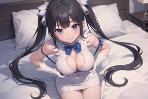 (masterpiece, best quality, ultra detail, beautiful face, nice hands, perfect hands,  1girl, solo, smile, cowboy shot, full body),
realistic, on bed, room, breaste out,

hestia (danmachi), breasts, long hair, blue ribbon, twintails, gloves, ribbon, dress, rei no himo, large breasts, blue eyes, black hair, white gloves, cleavage, white dress, hair ribbon, bow, sleeveless, sleeveless dress, bangs, cleavage cutout, hair ornament, bowtie, clothing cutout, very long hair, covered navel, arm ribbon
