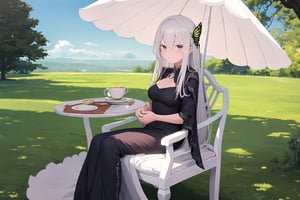 (masterpiece, best quality, ultra detail, detailed eyes, nice hands, perfect hands, looking forward, fullbody), anime, blush, (1girl, solo,) happy, shawl, 

echidna, white hair, brown eyes, butterfly hair ornament, (eyelashes, colored eyelashes:1.1), black dress, looking at viewer, grin, tea cup, white table, plains, seethrough dress, sitting in a chair, white chair, grassland, outdoors, breasts, parasol, long dress,
