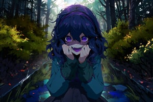 (masterpiece, best quality, ultra detailed:1.2), best shadow, detailed background, beautiful face, high contrast, best illumination, colorful, depth of field, detailed eyes, perfect hands, anime, 1girl, solo, looking at viewer, (cowboy shot:1.3), blush, laughing,

(night, dark environment, in the forest:1.3), fog, starry, ghost fire,

(face, hex maniac:1.5), hairband, messy hair, (purple eyes:1.1), purple hair, purple hairband, @ @,black dress, dress, long dress, long sleeves, juliet sleeves,
