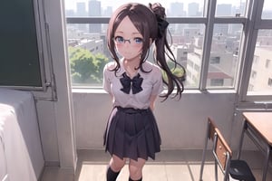 (masterpiece, best quality, ultra detail, detailed eyes, nice hands, perfect hands, looking at viewer, fullbody), anime, blush, 1girl, solo,  
happy, 

school uniform, glasses, classroom, window, black skirt, white sock, shoes, standing, arms behind back, black hair bow, ponytail, long hair,